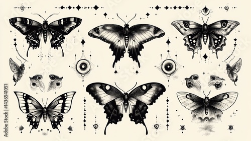 Elegant black butterfly tattoo designs;  cream background; art sheet