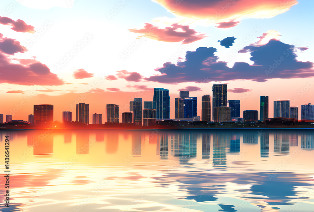 Obraz premium Stylized illustration of a city skyline reflected in water with bright colors and elongated shadows, high quality, generative ai