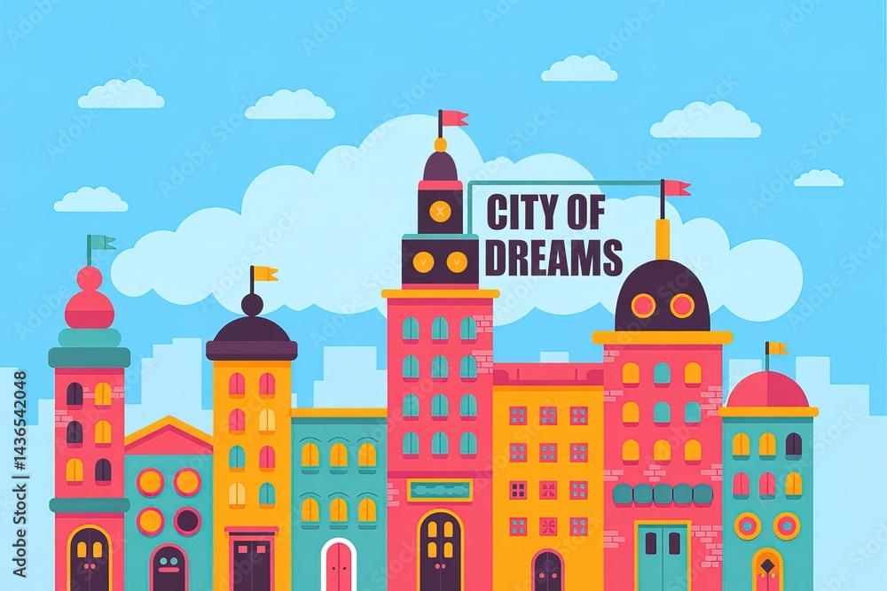 Naklejka premium Colorful Cityscape Flat with Buildings, Flags, Sky, and Clouds Design