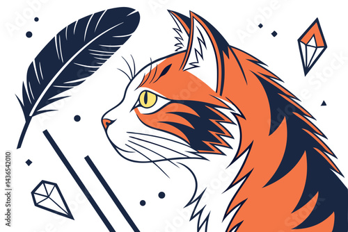 74 Artistic cat portrait, abstract geometric elements, vibrant orange and blue accents, black feathers, yellow cat eye, watercolor splatter effect, white background, stylized feline face, modern digit