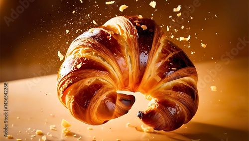 Croissant crumbs flying as it twists mid-air, butter aroma visualized with golden glowing lighting.