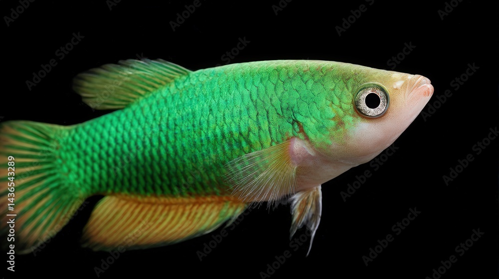 Fototapeta premium Vibrant Green Freshwater Fish Swimming Gracefully Against Black Background