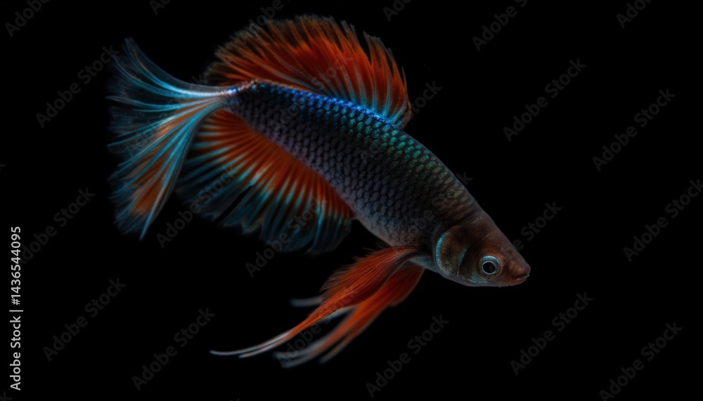 Fototapeta premium Vibrant Betta Fish with Colorful Fins Swimming in Dark Background Environment