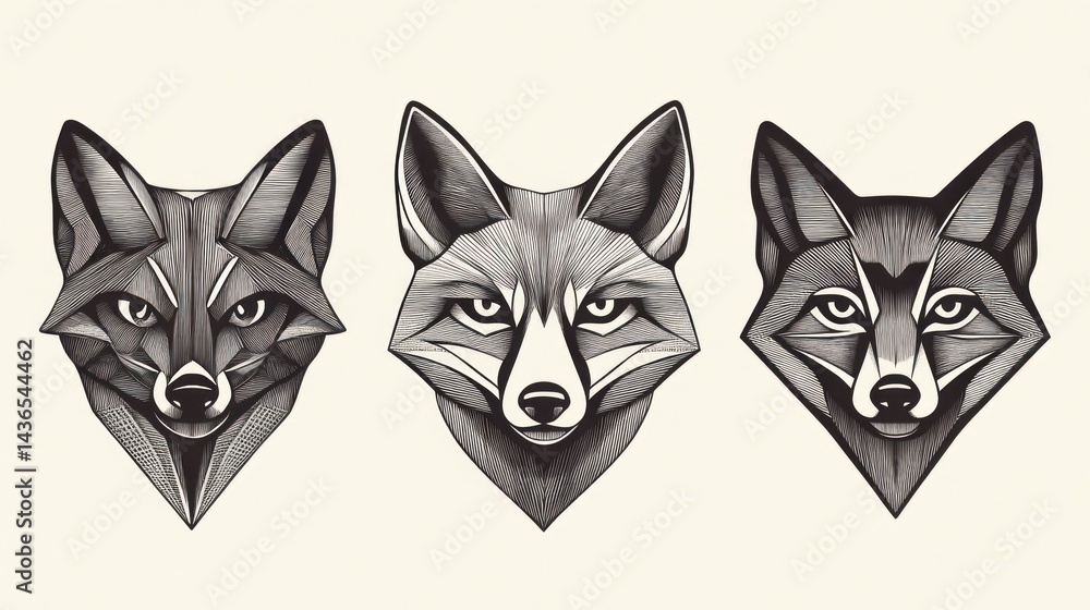 Fototapeta premium Three fox head illustrations, geometric style, white background, wildlife art print
