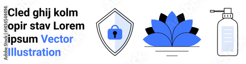 Shield with lock for protection, lotus symbolizing wellness, and sanitizer bottle for hygiene. Ideal for security, wellness, health, safety, mindfulness, cleanliness flat landing page banner