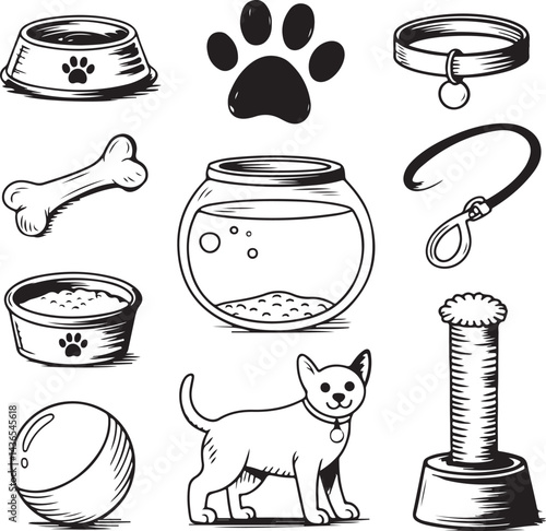 Doodle style pet icons food bowl, paw print, leash, bone, fish tank, litter box, ball, scratching post, collar, hand-drawn sketch format
