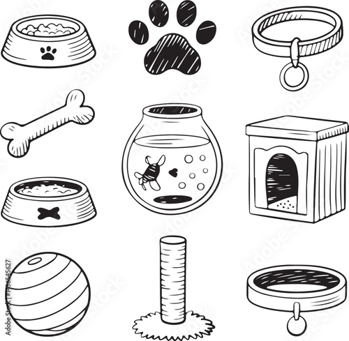 Doodle style pet icons food bowl, paw print, leash, bone, fish tank, litter box, ball, scratching post, collar, hand-drawn sketch format
