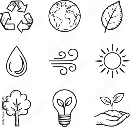 Environment friendly doodles recycle icon, earth, leaf, water droplet, sun, wind, tree, light bulb with leaf, plant in hand, hand drawn minimal style
