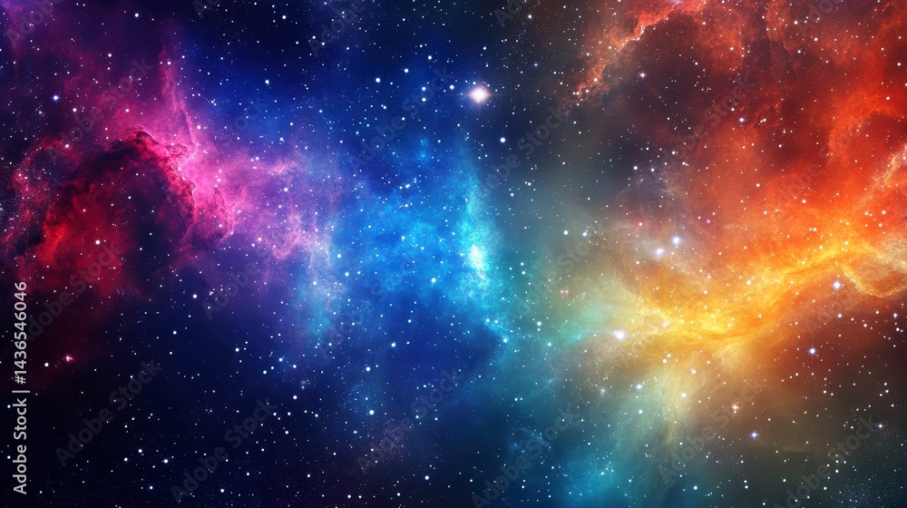 Naklejka premium Vibrant nebula with red, blue, and orange hues, cosmic dust, and stars.