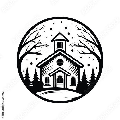 Black & White Rural Building Surrounded by Winter Trees, Circle Outline, Minimalist Style