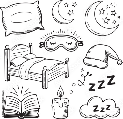 Relaxation doodles, pillow, bed, sleeping mask, moon with stars, book, nightcap, candle, dream cloud, ‘Zzz’ icons, black sketch style
