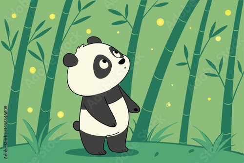 78 Cute cartoon panda, bamboo forest, magical glowing fireflies, lush green background, soft lighting, dreamy atmosphere, digital art, 3D rendering, high detail, adorable character design, fantasy ele