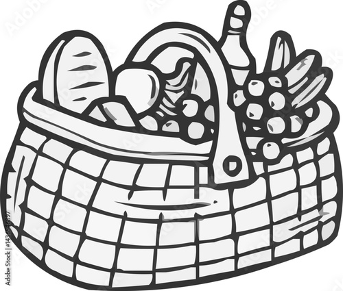 A full wicker picnic basket overflowing with fresh fruit bread and a bottle of wine perfect for a summer's day outing