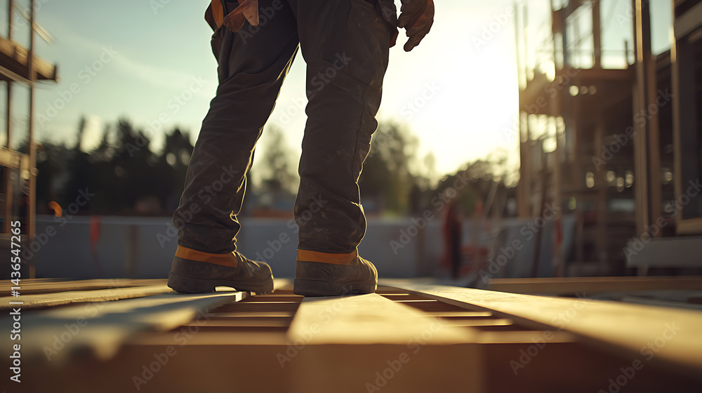 Fototapeta premium Construction Worker Standing on Wooden Planks at Sunset