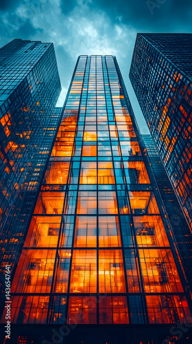 Wallpaper Mural Illuminated skyscrapers at night viewed from below showcasing the warm glow of interior lights through glass facades Torontodigital.ca