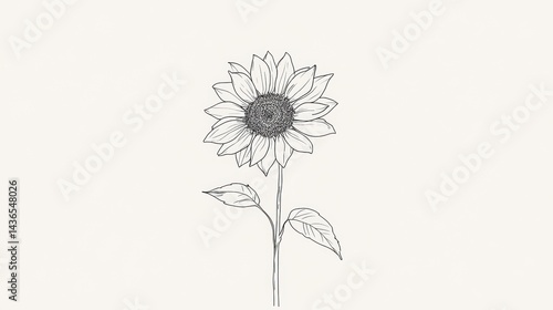 Line drawing of a sunflower with stem and leaves, minimalist botanical illustration.