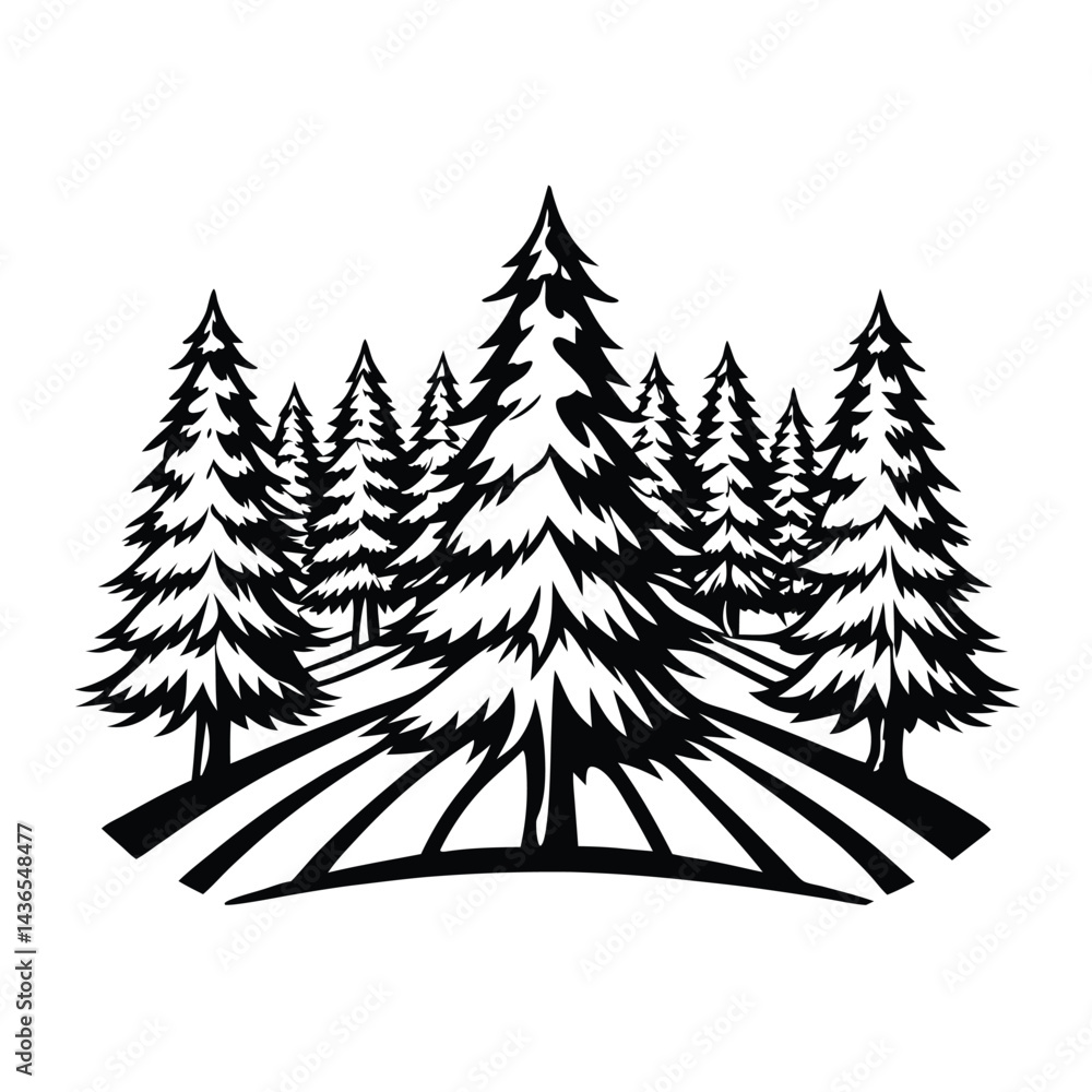 Obraz premium Black Silhouette Dense Evergreen Pine Forest Trees Landscape on White Backdrop