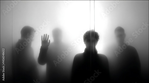 Blurred figures appear behind an opaque wall. One figure has a hand up.