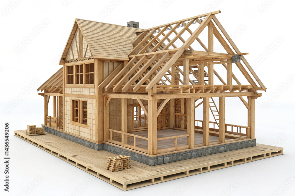 Obraz premium The house shows exposed wooden beams, roof trusses, and wall studs