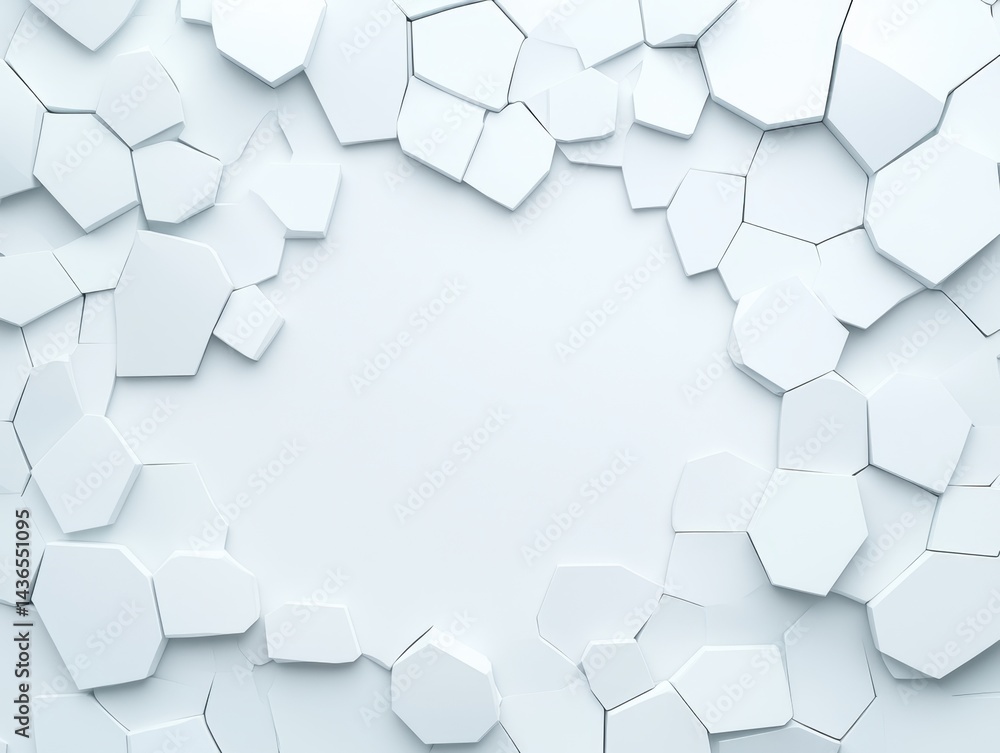 Abstract white fragmented shapes form a frame, leaving a central blank space. Clean, modern design Abstract white fragmented shapes form a frame, leaving a central blank space. Clean, modern design