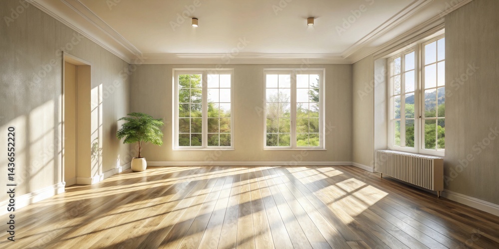 Fototapeta premium Sunlit Empty Room with Hardwood Floors, Large Windows, and Neutral Walls, Ready for Interior Design