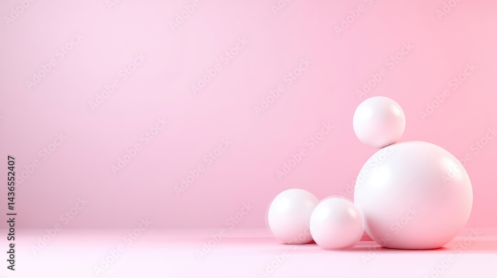 Fototapeta premium White Spheres Small Balls Minimalist Style High-gloss Rendering Wide Angle Shot Balanced Composition Abstract Art Pink Background Soft Pink Hues Ideal for Branding Projects