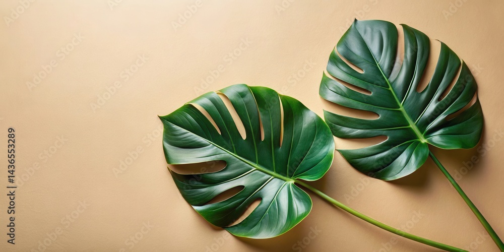 Obraz premium Vibrant Green Tropical Leaves Arranged on a Soft Beige Background, Offering a Serene and Natural Aesthetic for Design Projects