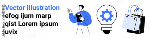 Man with clipboard pointing, light bulb with cogwheel, shopping bags. Ideal for business, innovation, strategy, commerce, creativity, online shopping flat landing page banner
