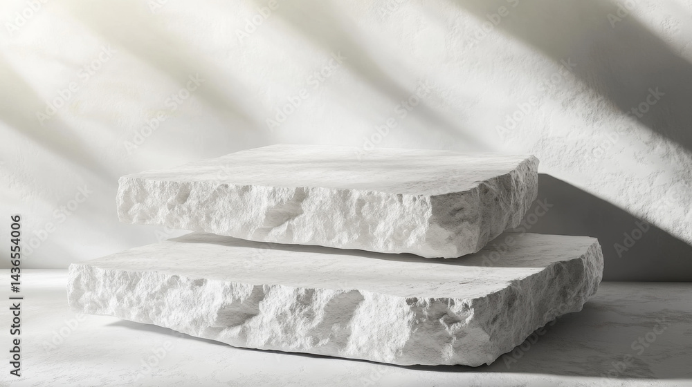 Obraz premium White pieces of stone slabs forming a product podium for product display. Mock-up for exhibitions or presentation of cosmetic products or packaging. 3d rendering.