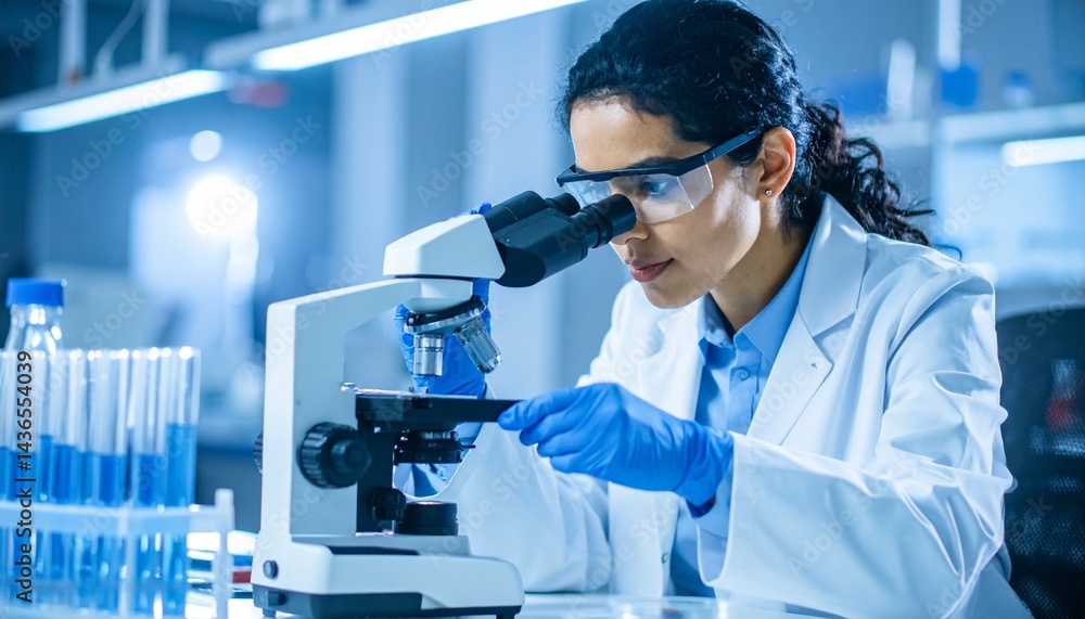 Focused Scientist Using Microscope in Modern Laboratory Scientific Research and Discovery Focused Scientist Using Microscope in Modern Laboratory Scientific Research and Discovery