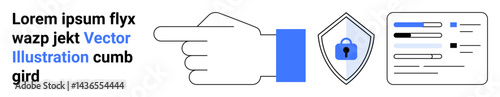 Hand pointing, shield with lock symbol, and data form layout emphasize security, privacy, user rights, access protection. Ideal for cybersecurity, compliance, legal permissions regulations