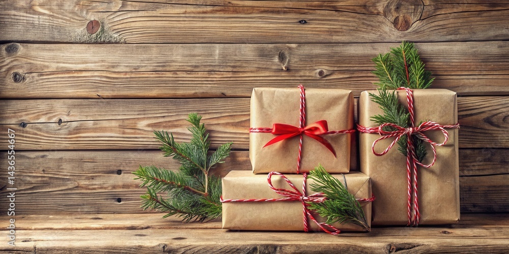 Obraz premium Rustic Wooden Background Featuring Stacked Wrapped Gifts Adorned with Evergreen Sprigs and Festive Ribbon
