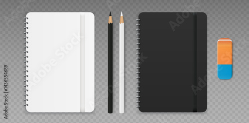 Closed black and white notepad, pencils and eraser. School writing supplies. Realistic notebook vector illustration
