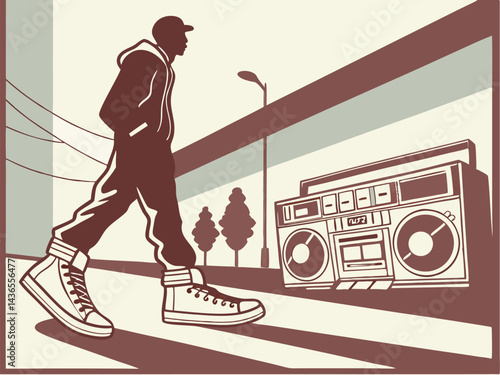 Minimalist vector poster design, silhouette of breakdancer, large vintage boombox outlined sharply, focus on stylish