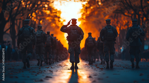 American Army soldiers saluting in a Sunset Setting, Memoria Day Background