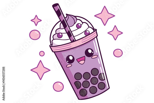 83 Cute kawaii bubble tea character, smiling face, gradient pink to purple cup, black tapioca pearls, whipped cream topping, pink and purple bubbles, black straw, white background, chibi style, digita
