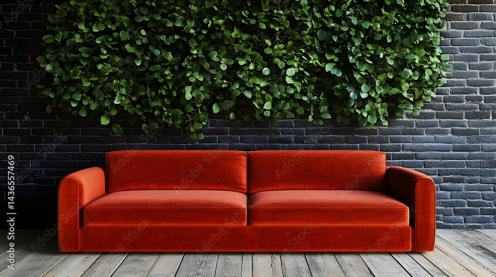 Fototapeta premium Elegant Orange Sofa Against a Green Wall in Minimalist Interior Design