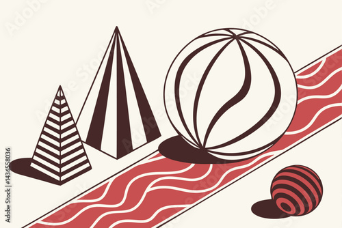 84 Minimal abstract shapes, red and black color scheme, 3D geometric forms, egg-shaped object, wavy lines, striped hemisphere, small spheres, simple composition, clean background, product design aesth