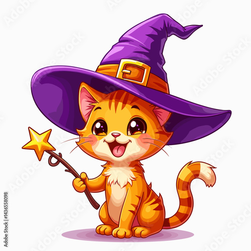 Cute witch cat wearing a big pointy hat