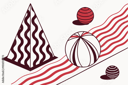 84 Minimal abstract shapes, red and black color scheme, 3D geometric forms, egg-shaped object, wavy lines, striped hemisphere, small spheres, simple composition, clean background, product design aesth