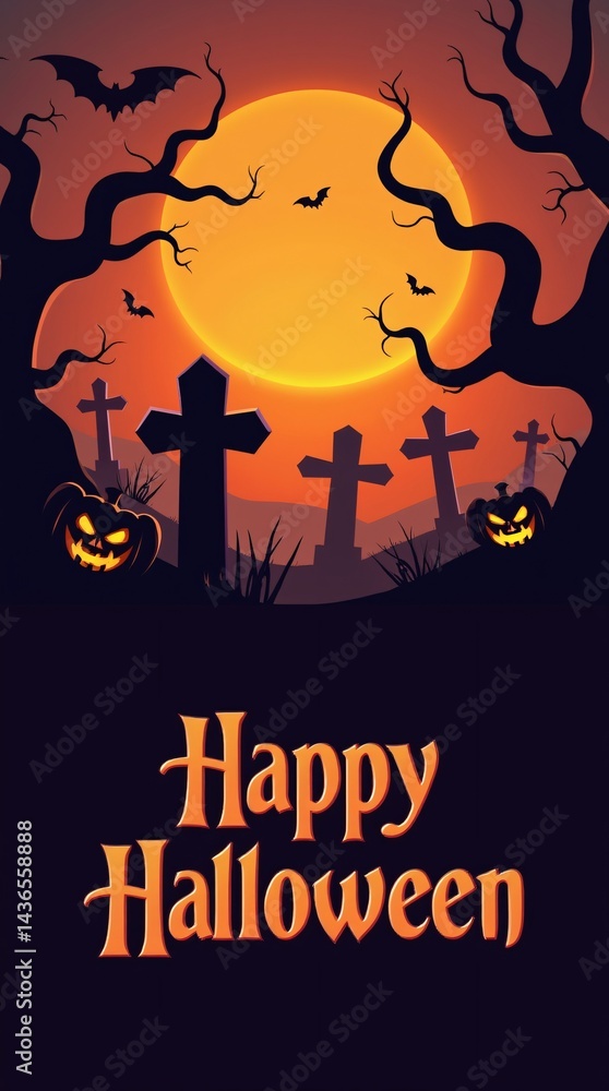 Eerie Halloween Graveyard Scene Greeting Card Design at Dusk with Jack-O-Lanterns Eerie Halloween Graveyard Scene Greeting Card Design at Dusk with Jack-O-Lanterns