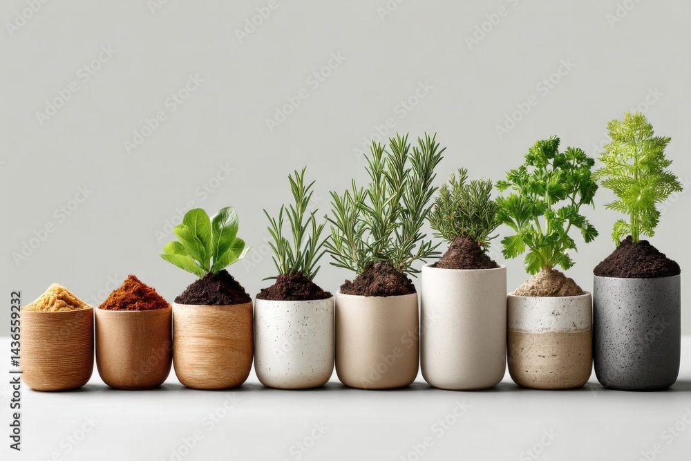Variety of herbs and spices in modern pots arranged neatly on a table Variety of herbs and spices in modern pots arranged neatly on a table