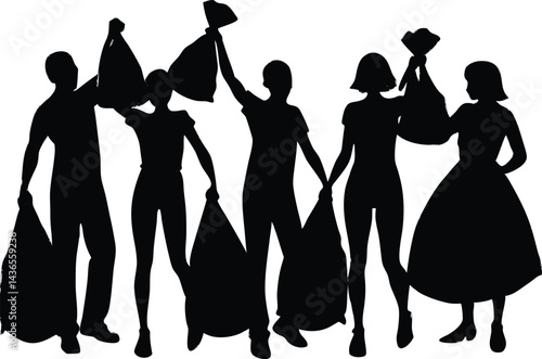 community clean up group with bags silhouette