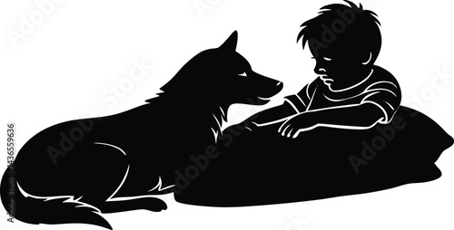 dog and child napping together silhouette