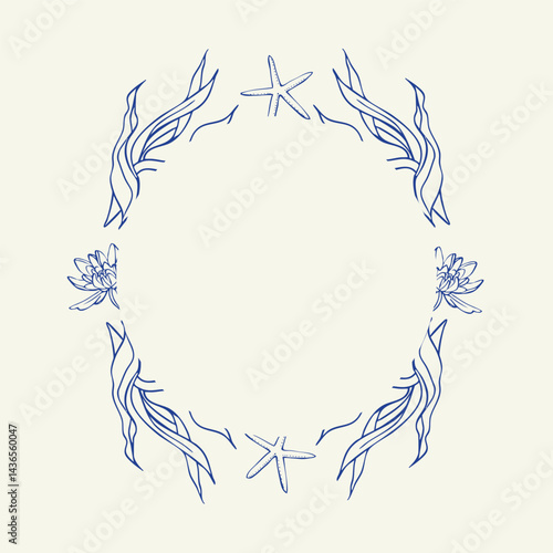 Vector frame of algae and starfish