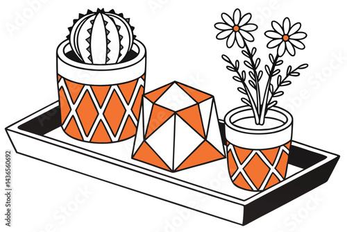 86 Modern minimalist decor, ceramic planters, orange and black color scheme, succulent, cactus, dried flowers, geometric shapes, sleek design, contemporary home accessories, monochromatic tray, stylis