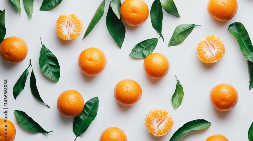 Vibrant Fresh Mandarins with Green Leaves on White Background Vibrant Fresh Mandarins with Green Leaves on White Background