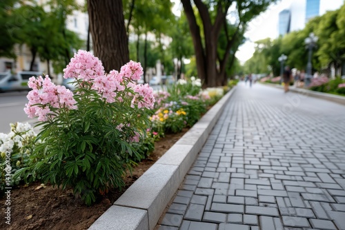 Wallpaper Mural Vibrant flower beds line a bustling city sidewalk in springtime, enhancing the urban landscape with color and life Torontodigital.ca