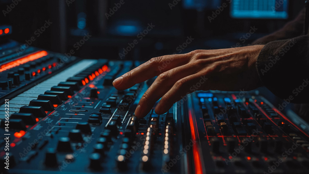 A close-up of a hand adjusting knobs and sliders on a synthesizer in a dimly lit studio, with colorful LED lights illuminating the equipment. A close-up of a hand adjusting knobs and sliders on a synthesizer in a dimly lit studio, with colorful LED lights illuminating the equipment.