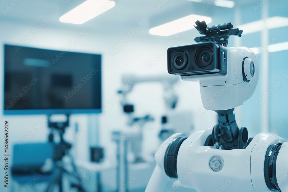 Fototapeta premium Photo of a robot with an AI camera filming outs